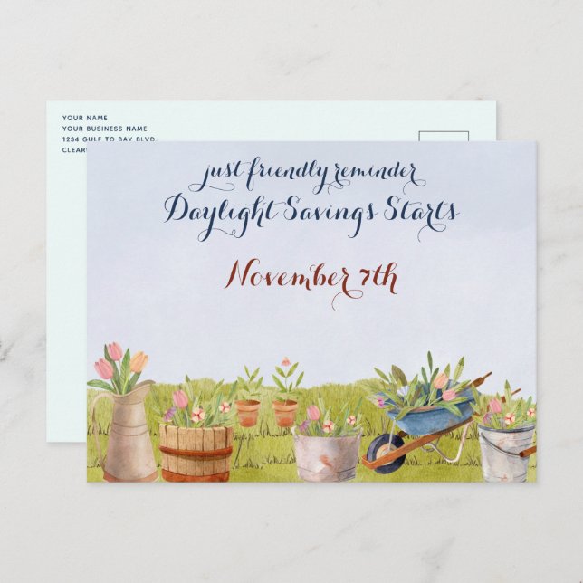 Daylight Savings Fall Back Reminder Business Postc Postcard (Front/Back)