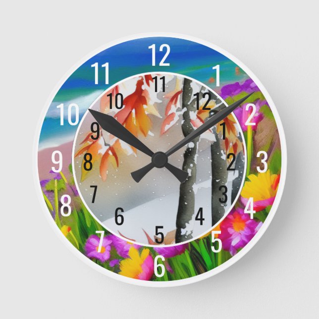 Daylight Savings Sanity Saver Watercolor Seasons Round Clock (Front)