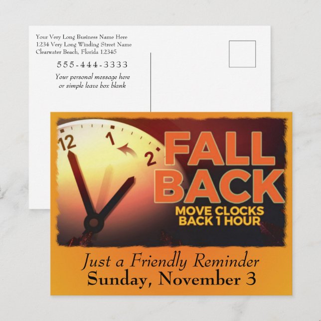 Daylight Savings Time Reminder Business Postcard (Front/Back)