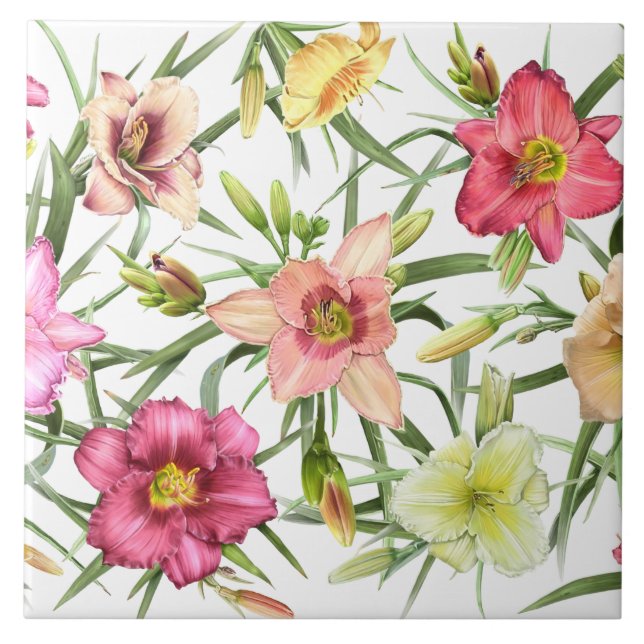 Daylilies All Over Floral Botanical Art Design Tile (Front)