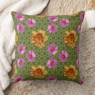 Daylilies And Cosmos Flower / Olive Green Pattern Throw Pillow
