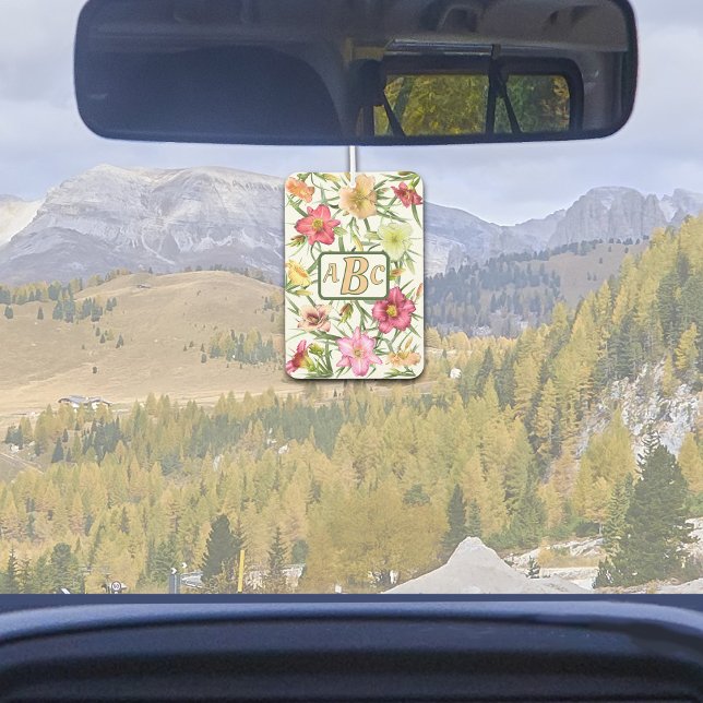 Daylilies Floral Botanical Pattern Personalized Air Freshener (Daylilies Botanical Floral Pattern Customizeable Monogram or Initials Air Freshener for Car or Home)
