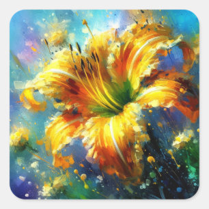 Daylily Daylilies Flower Yellow Teal Impresionist Square Sticker