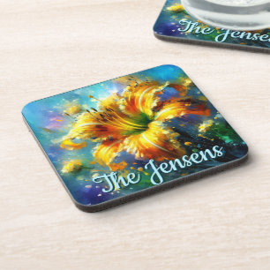 Daylily Daylilies Flower Yellow Teal Personalized Coaster