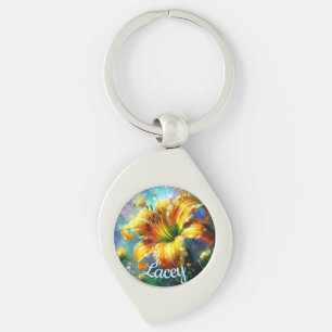 Daylily Daylilies Flower Yellow Teal Personalized Keychain