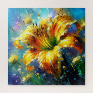 Daylily Floral Impressionistic Painting Yellow  Jigsaw Puzzle