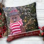 Days Be Merry and Bright Cute Rustic Snowman Name Throw Pillow<br><div class="desc">“May your days be merry & bright.” A close-up photo of a happy and cute, rustic log snowman, wrapped in a red and white striped scarf against lighted trees helps you usher in Christmas and New Year. Feel the warmth and joy of the holiday season whenever you relax with this...</div>