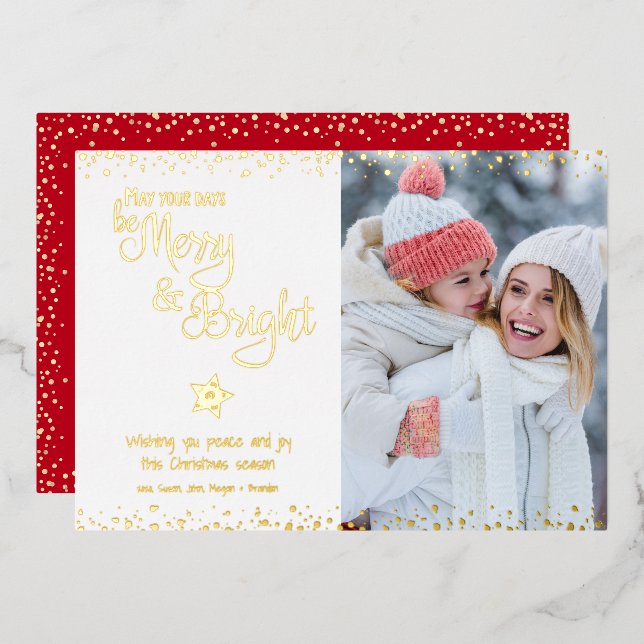 Days Be Merry and Bright Script Photo Real Gold Foil Holiday Card (Front/Back)