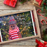 Days Be Merry Bright Christmas Rustic Log Snowman Serving Tray<br><div class="desc">“May your days be merry & bright.” A close-up photo of a happy and cute, rustic log snowman, wrapped in a red and white striped scarf against lighted trees helps you usher in Christmas and New Year. Feel the warmth and joy of the holiday season whenever you use this fun...</div>