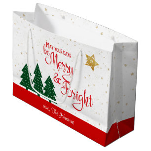Days Be Merry Bright Red Script Trees Gold Stars Large Gift Bag