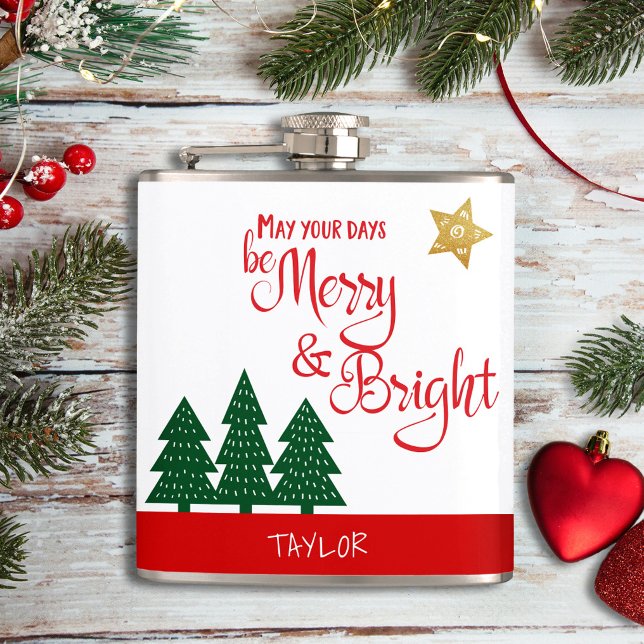 Days Be Merry Bright Script Green Trees Gold Star Hip Flask (Creator Uploaded)