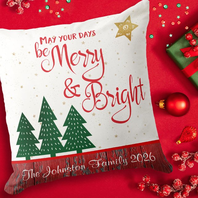 Days Be Merry Bright Tree Gold Star Monogram Name Throw Pillow (Creator Uploaded)