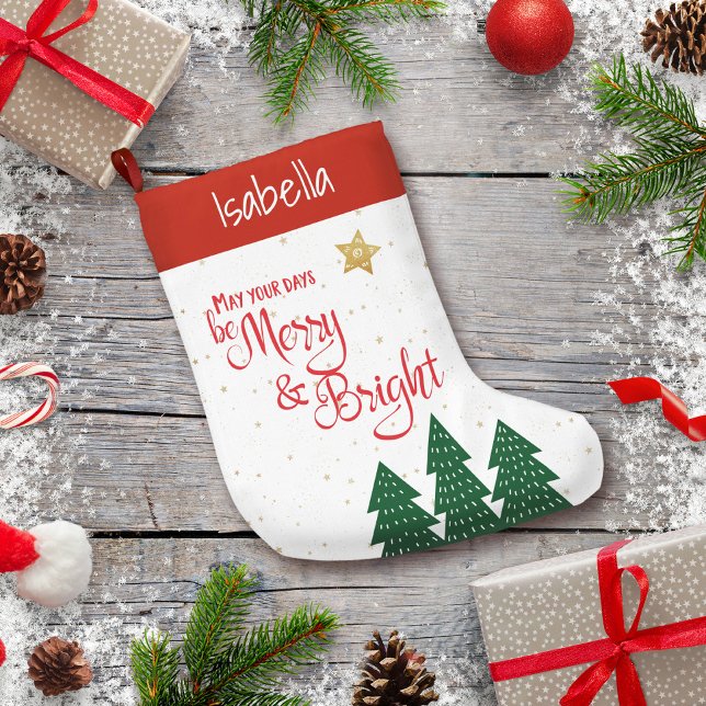 Days Be Merry Bright Trees Gold Star Typography Small Christmas Stocking (Creator Uploaded)