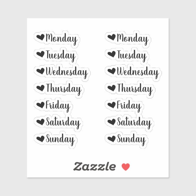 Days of the Week Black Heart Planner Stickers (Sheet)