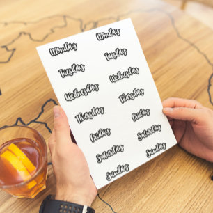 Days of the Week Black Outline White Font Stickers
