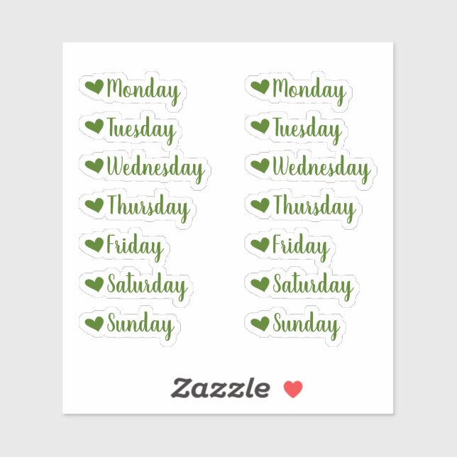 Days of the Week Green Heart Planner Stickers (Sheet)