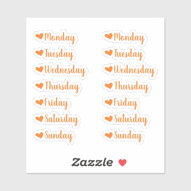 Days of the Week Orange Heart Planner Stickers (Sheet)