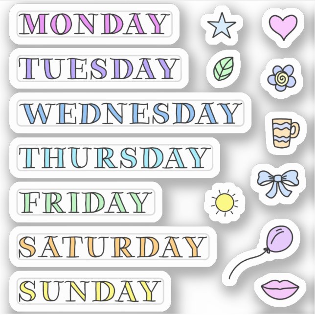 Days of Week and Doodles Custom Cut Stickers 3x3" (Front)