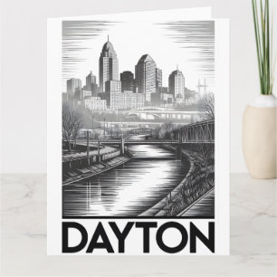Dayton Ohio Skyline Black White Woodcut Card