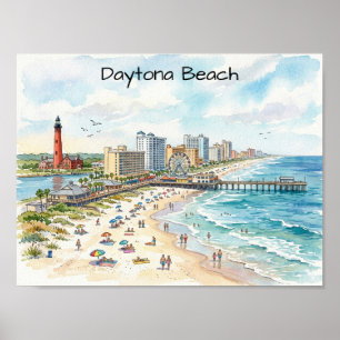 Daytona Beach Coastal Charm Watercolor Art Poster