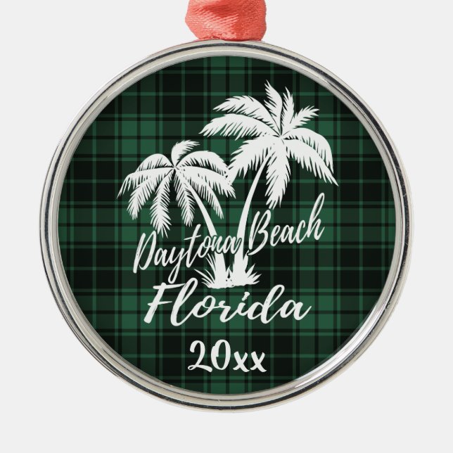 Daytona Beach Florida Palm Tree Green Plaid Metal Ornament (Front)