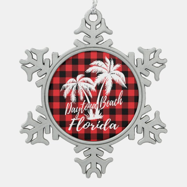 Daytona Beach Florida Palm Trees Snowflake Pewter Christmas Ornament (Front)