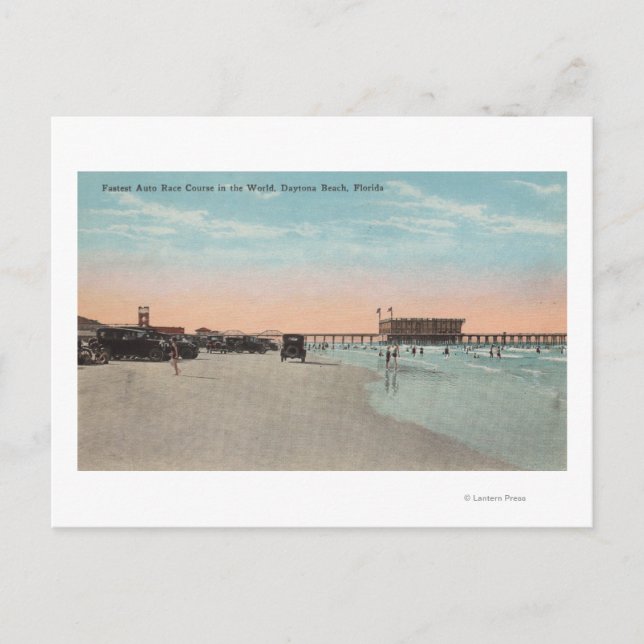 Daytona, FL - View of Beach with Cars & Postcard (Front)