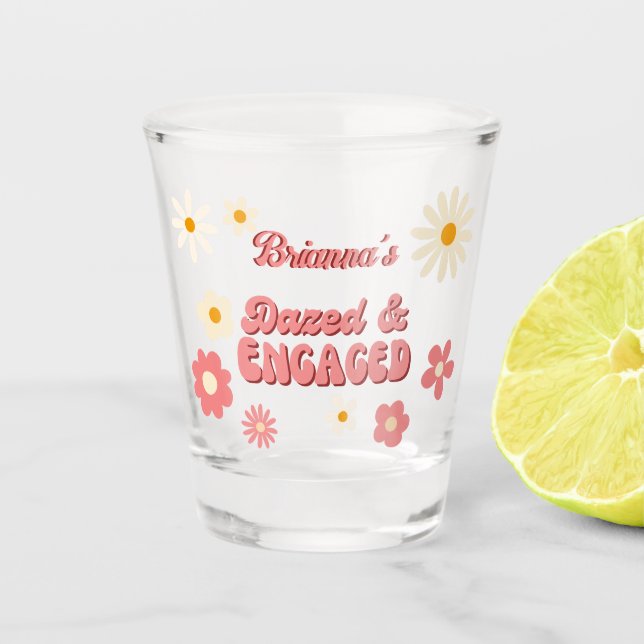 Dazed and engaged groovy daisy bachelorette favour shot glass (Front)