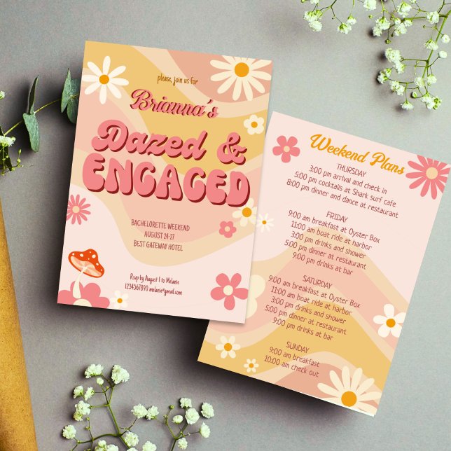 Dazed and engaged groovy retro daisy bachelorette invitation (Dazed and engaged groovy retro boho daisy bachelorette weekend itinerary party invitation template )