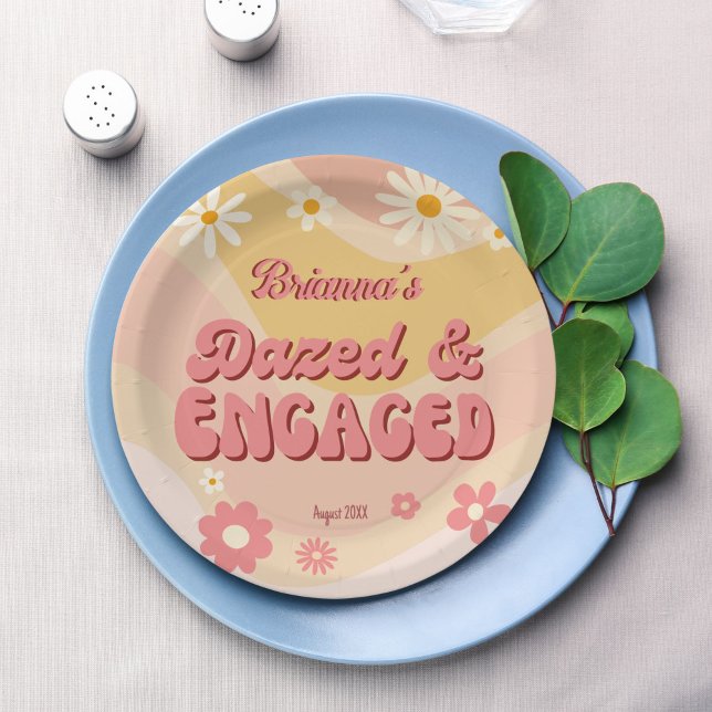 Dazed and engaged groovy retro daisy bachelorette paper plate (Dazed and engaged groovy retro daisy bachelorette party personalized printed paper plates)