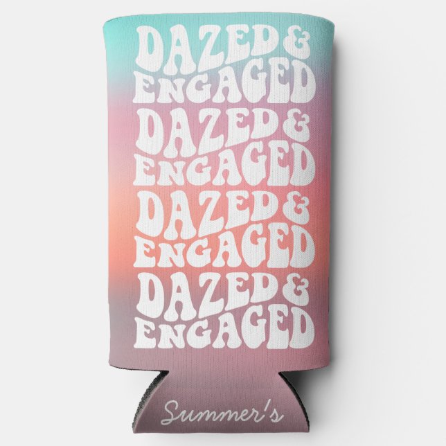 Dazed Engaged Aqua Pink Retro Text Design Custom Seltzer Can Cooler (Front)