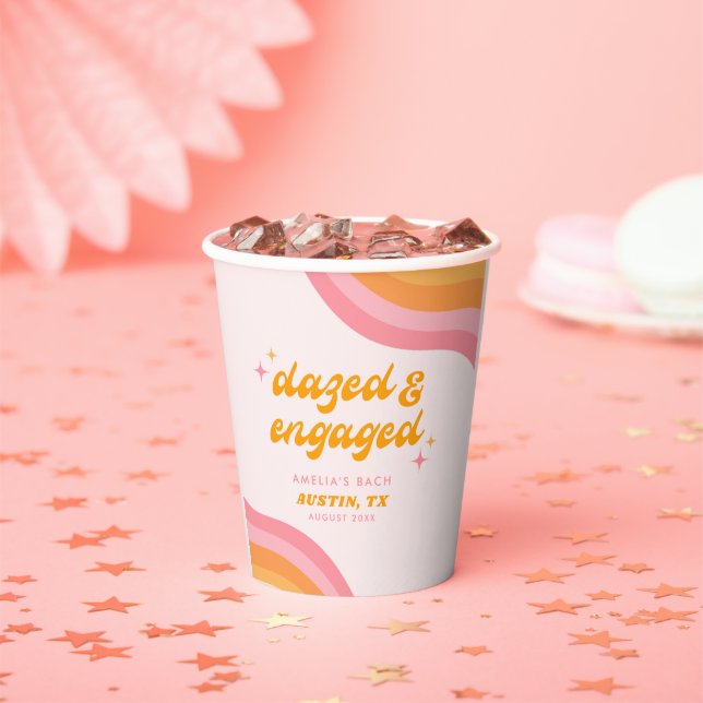 Dazed & Engaged Groovy Pink & Orange Bachelorette Paper Cups (Insitu)