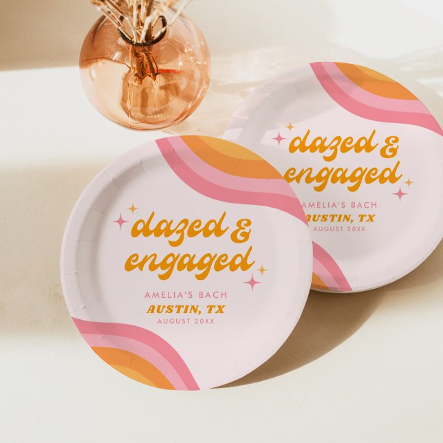 Dazed & Engaged Groovy Pink & Orange Bachelorette Paper Plate (Creator Uploaded)