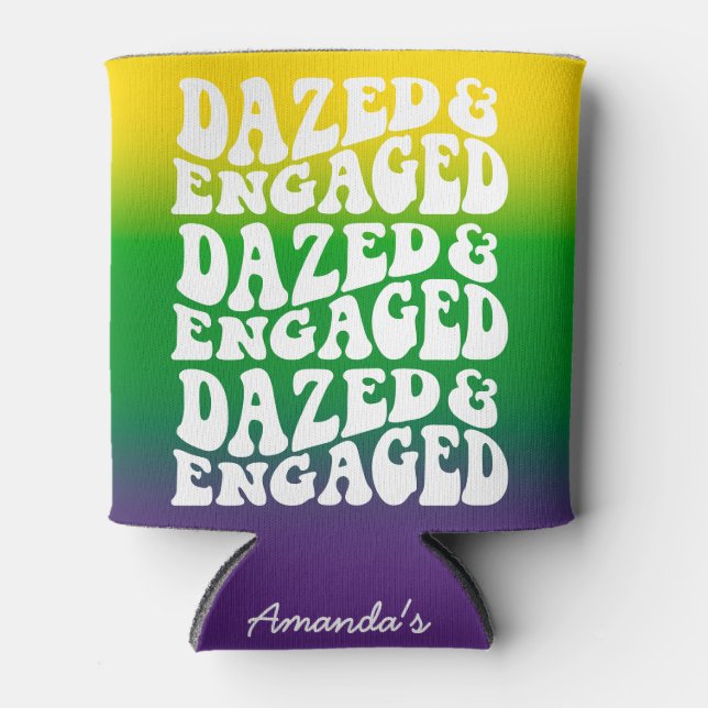Dazed Engaged Retro Mardi Gras Bridal Shower Can Cooler (Front)