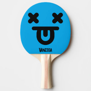 Dazed Tongue Out Face Blue with Name Ping Pong Paddle