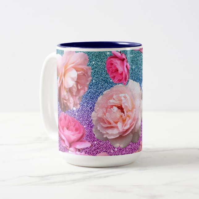 Dazzling Aqua Pink Glitter Floral Two Tone Mug (Front Left)