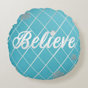 Dazzling Believe Light Blue and Silver Chequered  Round Pillow