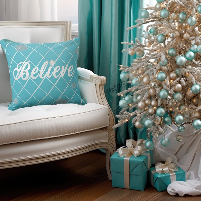 Dazzling Believe Light Blue and Silver Striped Throw Pillow (Stunning and Elegant Azul and Silver Decorative Christmas Throw Pillow)