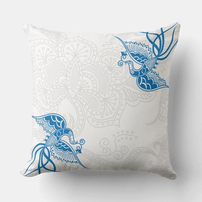 Dazzling Blue Bird & Floral Pattern Pillow (Front)