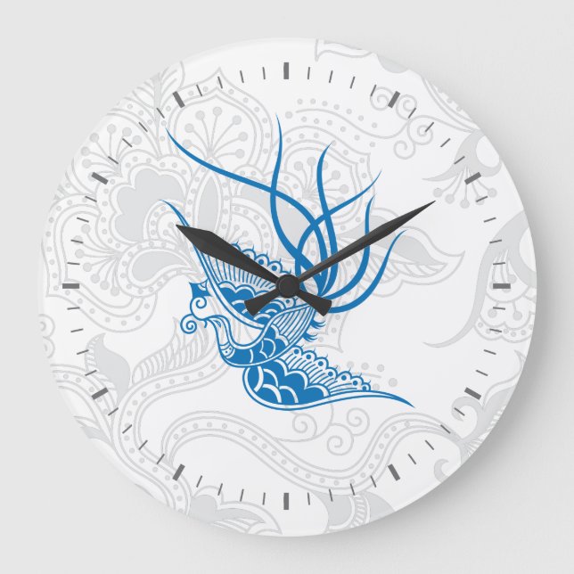 Dazzling Blue Bird & Floral Pattern Wall Clock (Front)
