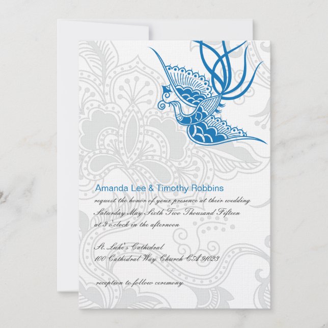 Dazzling Blue Bird & Floral Wedding Invitation (Front)