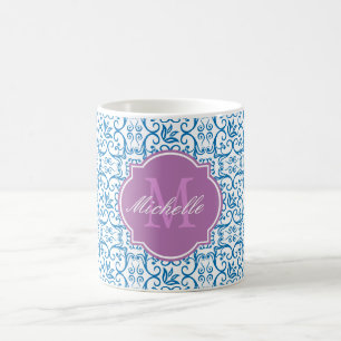Dazzling Blue Damask Monogram Mug