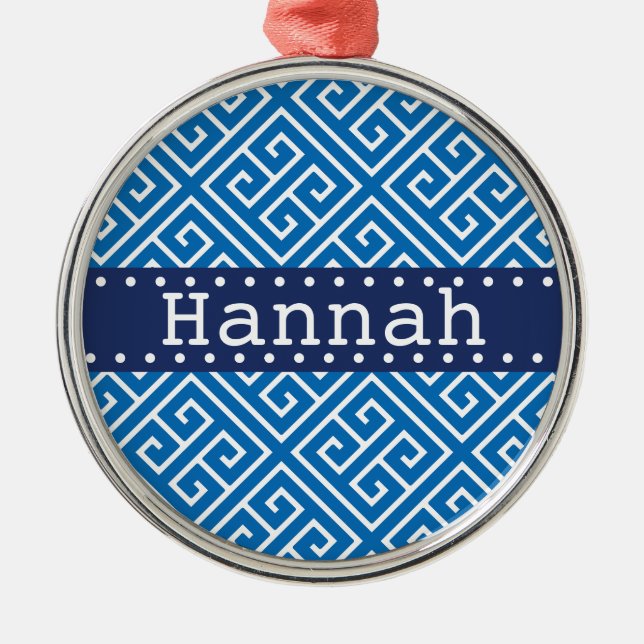 Dazzling Blue White Greek Key Pattern Blue Name Metal Ornament (Front)