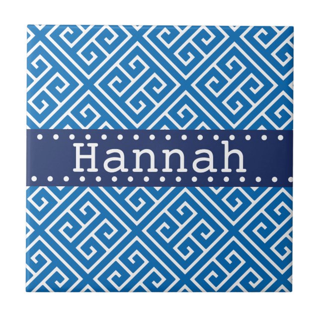Dazzling Blue White Greek Key Pattern Blue Name Tile (Front)