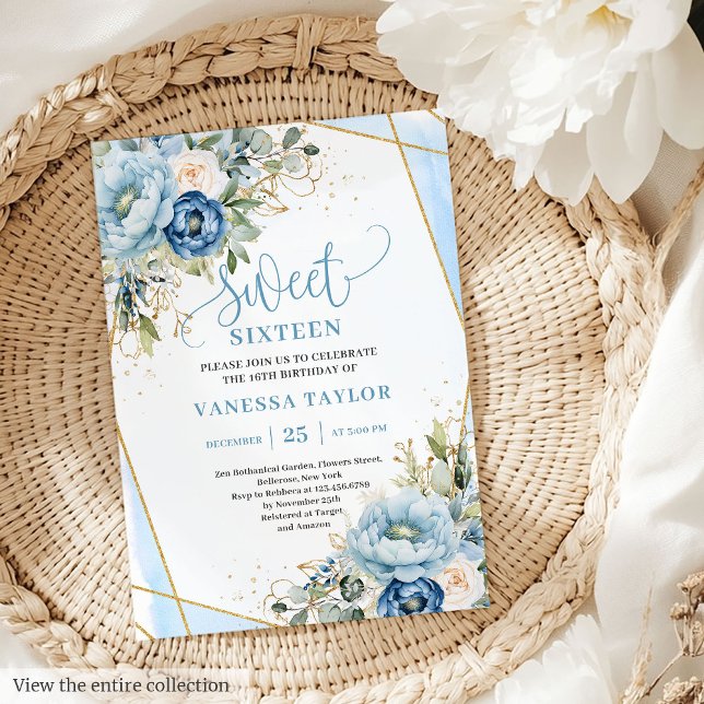 Dazzling Dusty Blue White Floral Sweet 16 Invites (Dazzling Dusty Blue White Floral Sweet 16 Invitation)