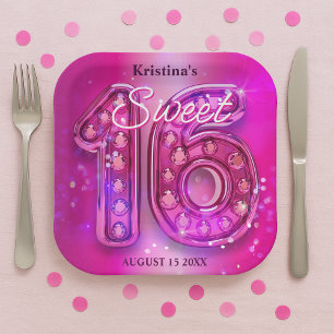 Dazzling Fuchsia Jewelled Sweet Sixteen Milestone Paper Plate