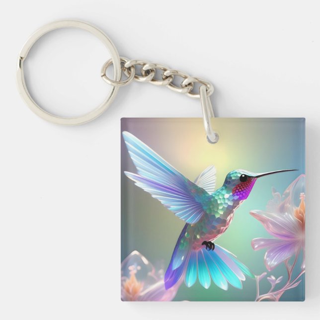 Dazzling Fusion: Rainbow Glass Hummingbird,  Keychain (Front)