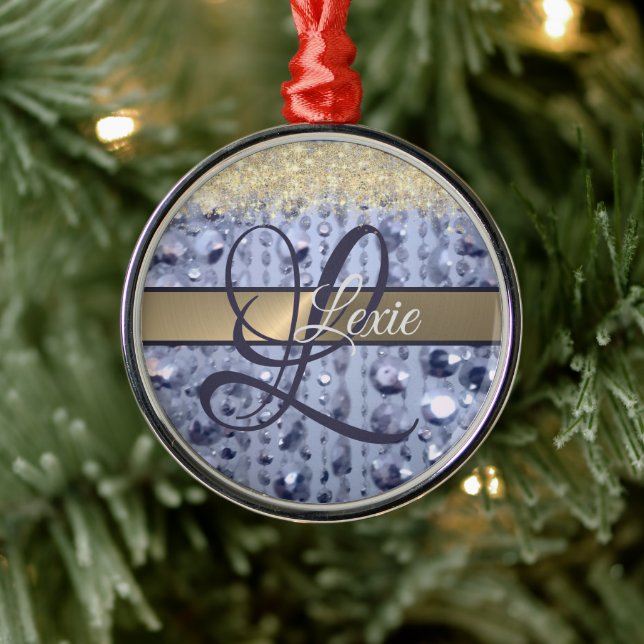 Dazzling Glittery Blue Beads Monogram              Metal Ornament (Tree)