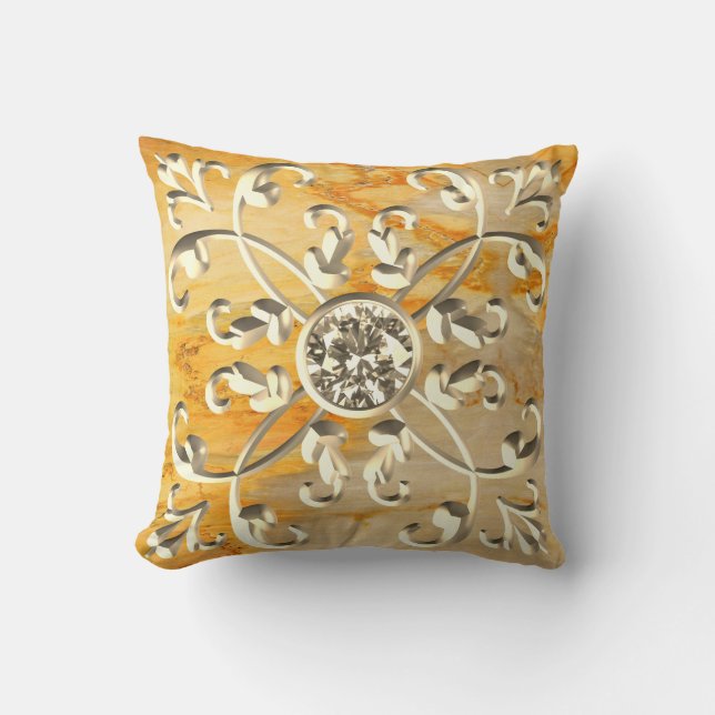 Dazzling Gold Gem Mandala Throw Pillow (Front)