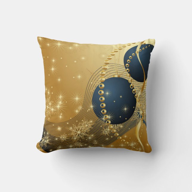 Dazzling Golden & Blue Christmas Throw Pillow (Front)